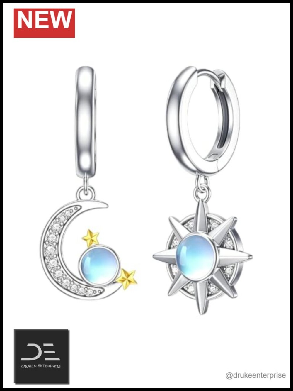 Sterling Silver Moonstone Sun Moon Dangle Hoop Earrings for Women